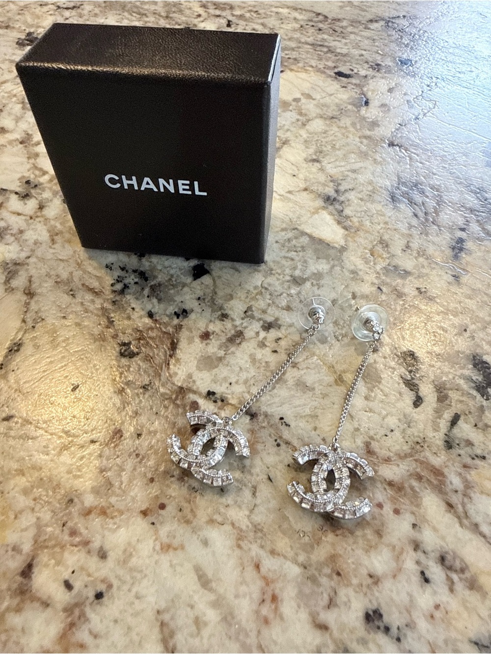 CHANEL Silver Crystal CC Drop Chain Earrings - Picture 2 of 4